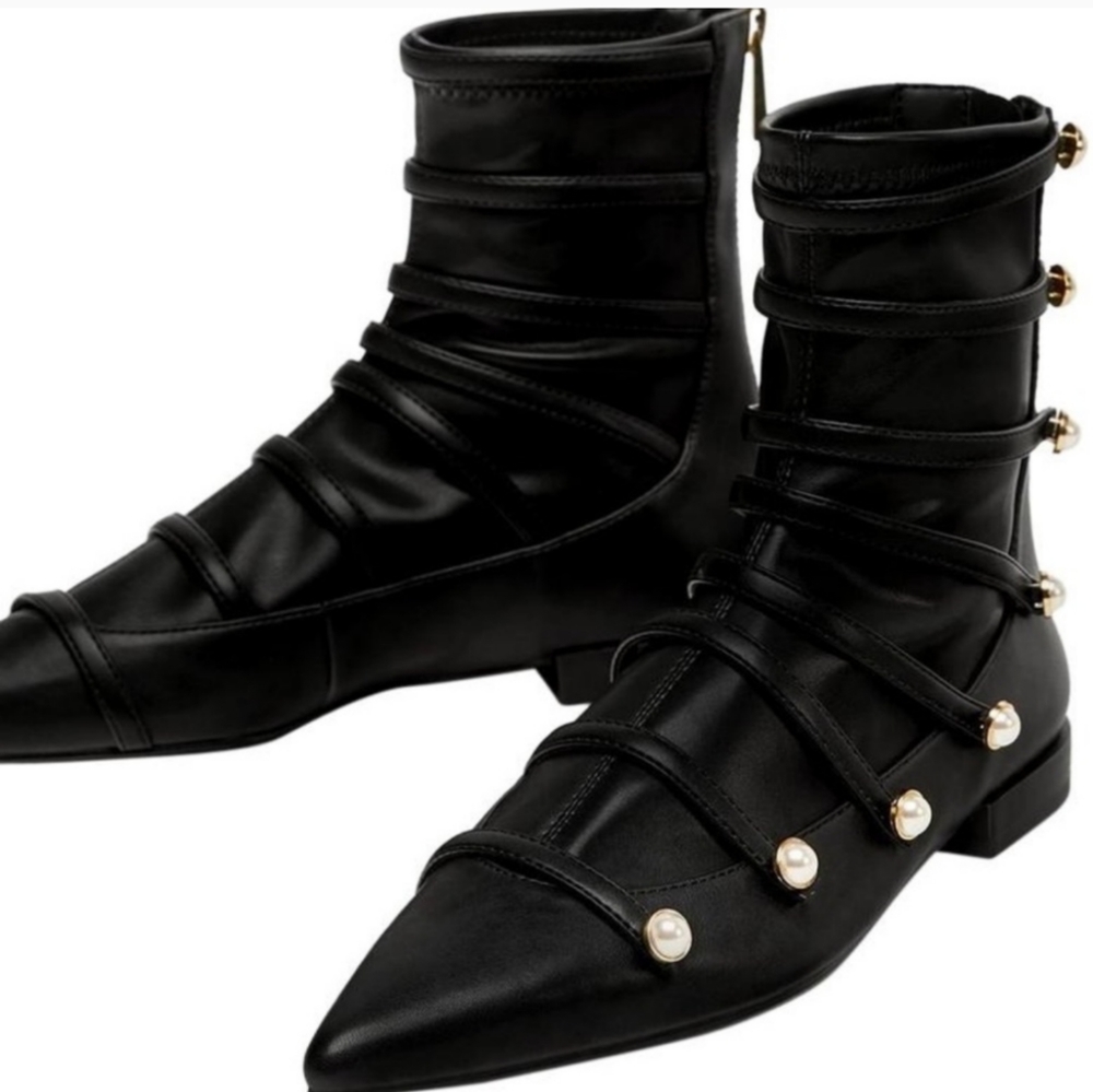 Zara Pearl Studded Faux Leather Sock Boots Sz 39